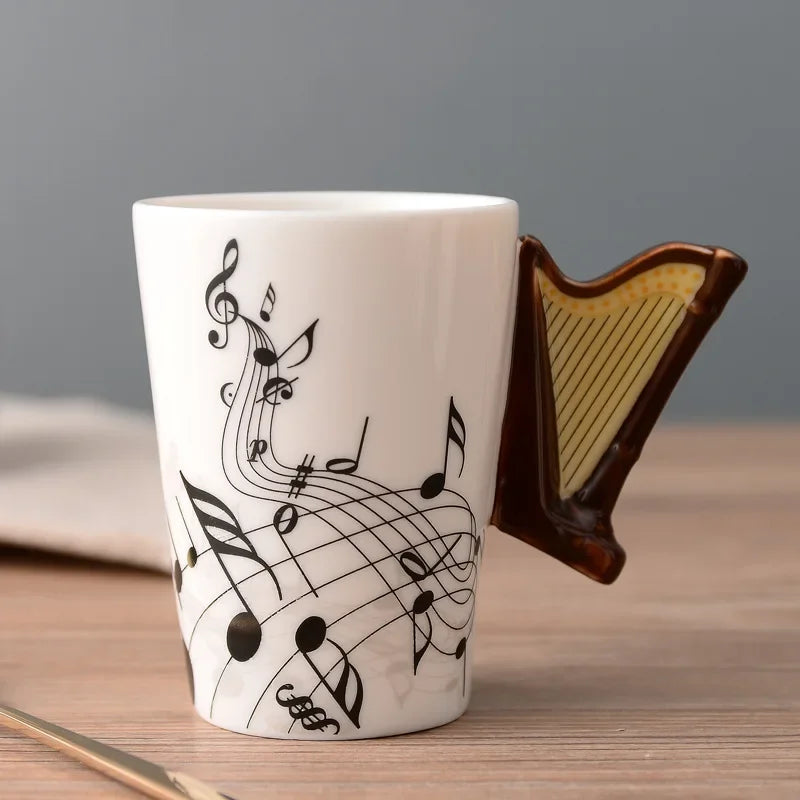 Bone China Mug With Music Note Motif And Delicate Guitar Handle — White | KIMLUD