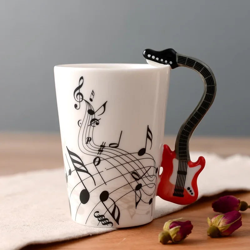 Bone China Mug With Music Note Motif And Delicate Guitar Handle — White | KIMLUD
