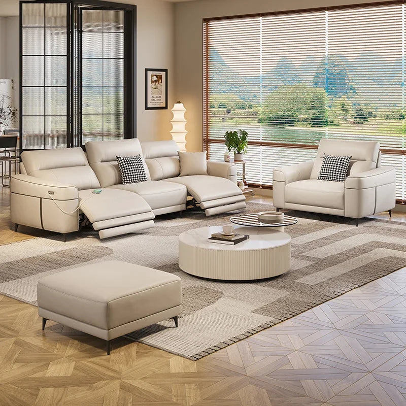 Leather Nordic Sofa Daybed Recliner — Ivory-Beige | KIMLUD