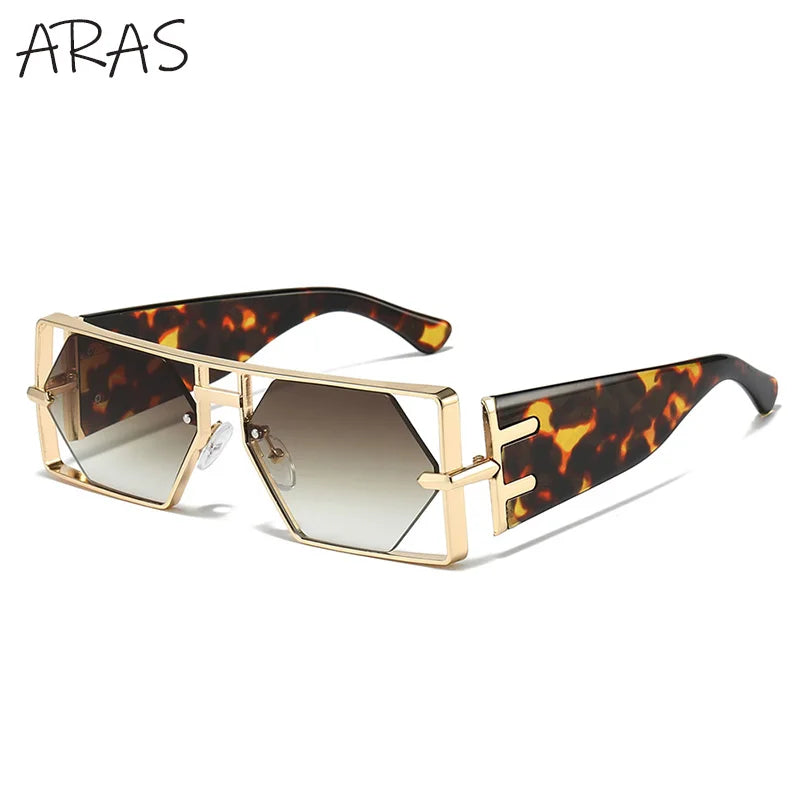 Steampunk Sunglasses Rectangle Hexagon Frame Hollow Alloy — Gold | KIMLUD