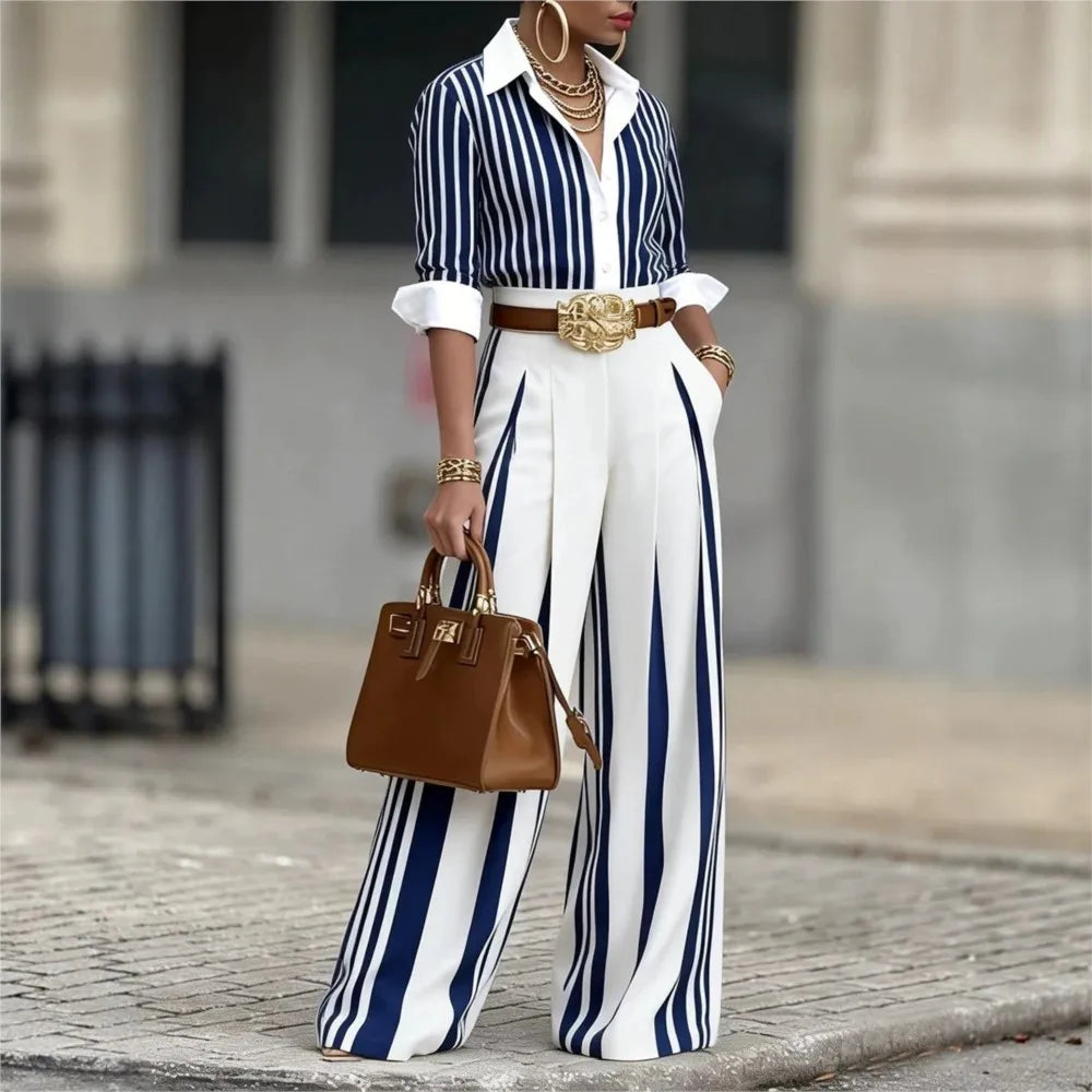 Silk Look Striped Two-Piece Set Belt — Black | KIMLUD