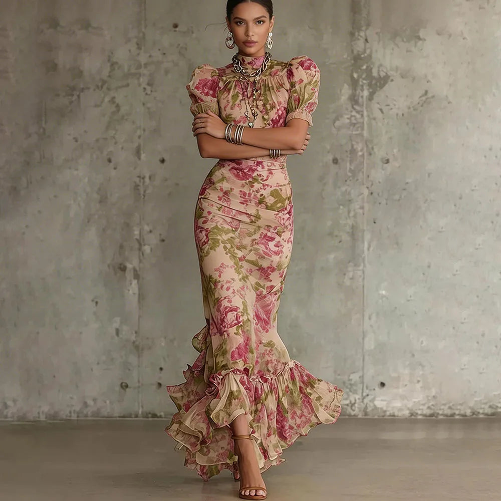 A-Line Floral Polyester Dress Maxi — Beige | KIMLUD