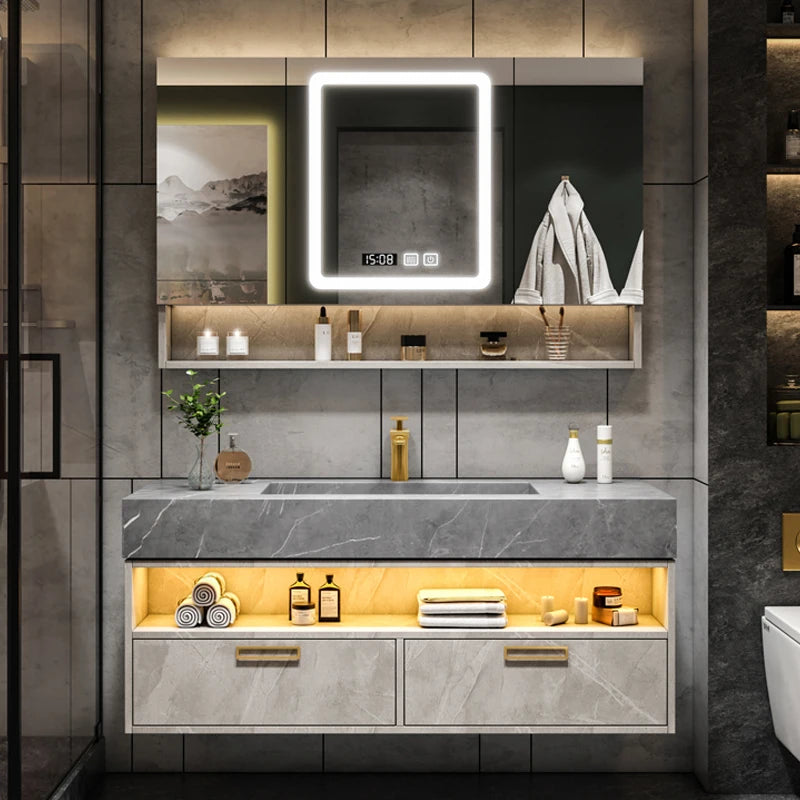 Solid Wood Vanity Cabinet With Sink and Mirror — Gray | KIMLUD