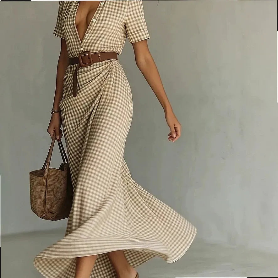 Polyester Blend Plaid Button Dress — Black | KIMLUD