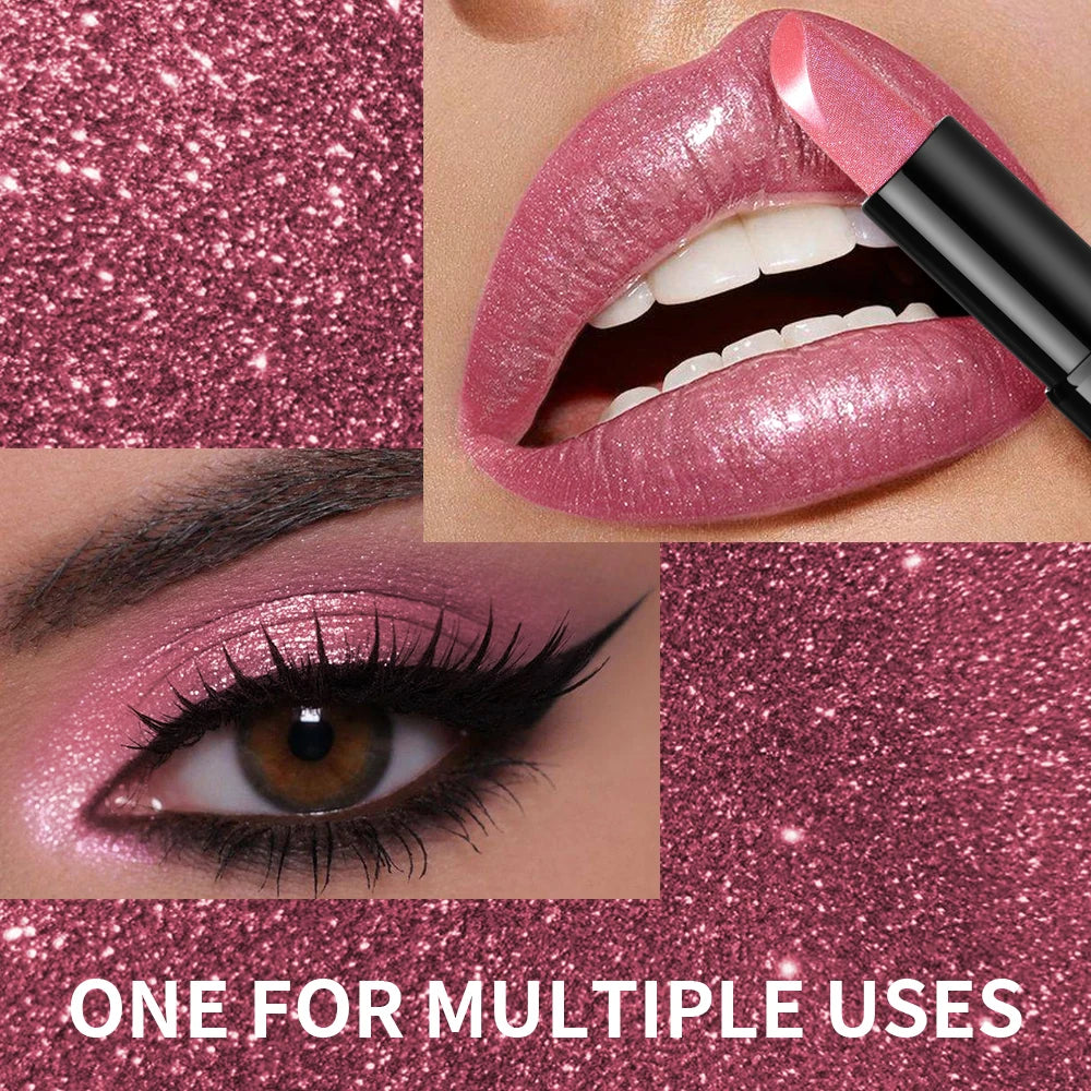 Pudaier Pearly Metallic Shimmer Lipstick, Glitter Shine Finish, Creamy Smooth Texture, High Pigment Party Makeup