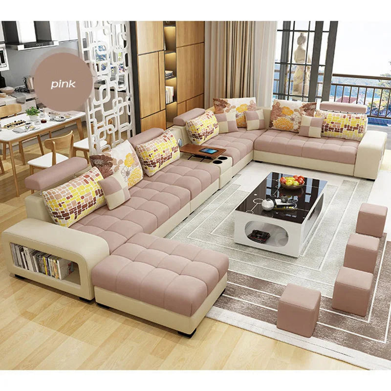 Wooden L-Shaped Sofa Set Light Luxury With Tufted Cushions And Integrated Arm Shelf — Ivory | KIMLUD