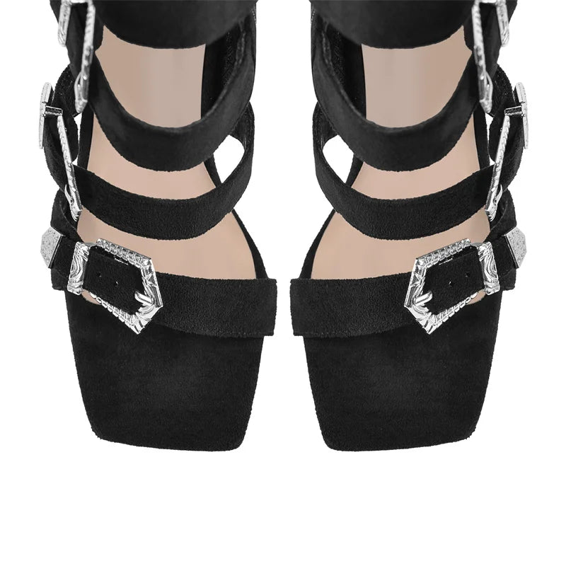 PU Gladiator Buckle Strappy Sandals Round Toe Stiletto 11 cm Heels — Black | KIMLUD