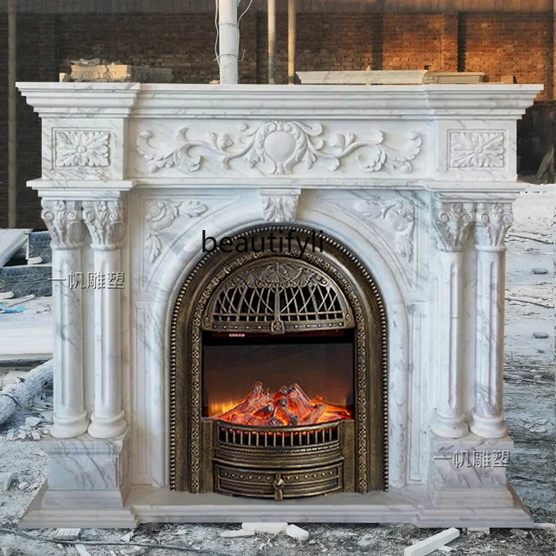 Marble Fireplace Stone Carving Living Room Decor — White | KIMLUD
