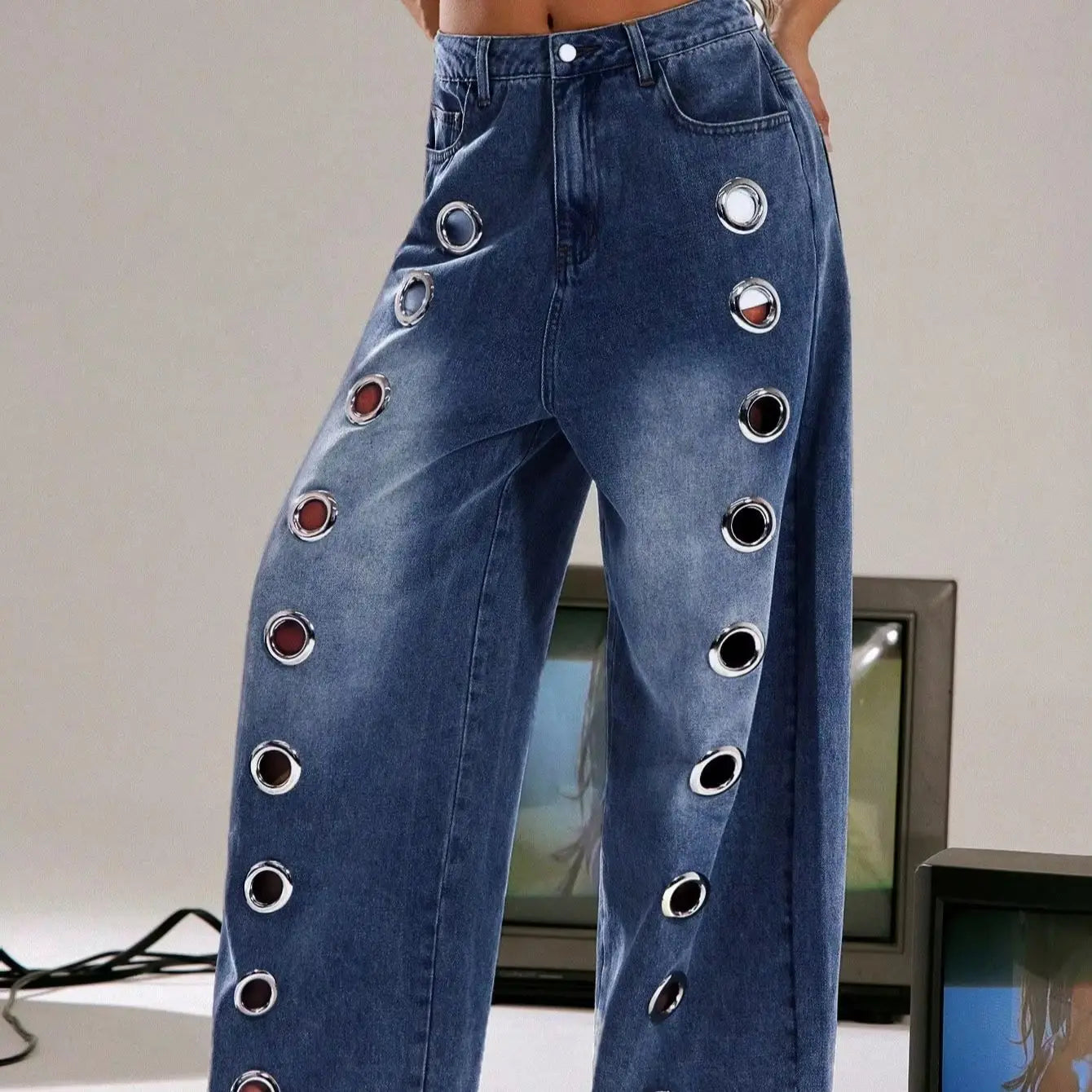 Hollow Out Rings Openwork Design — Washed Denim | KIMLUD