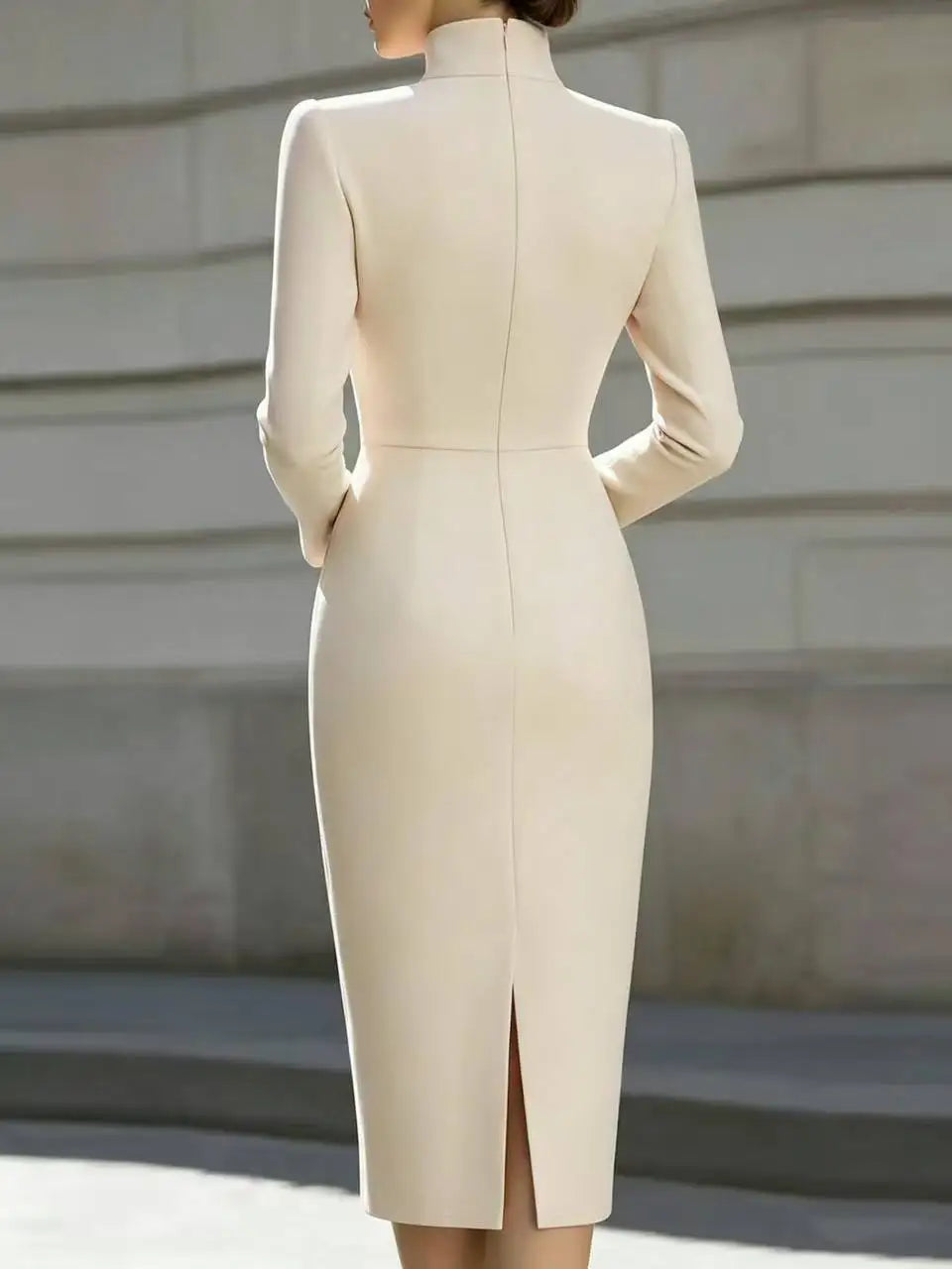 Bodycon Midi Dress – Stand Collar Split Neck – Polyester – Beige | KIMLUD