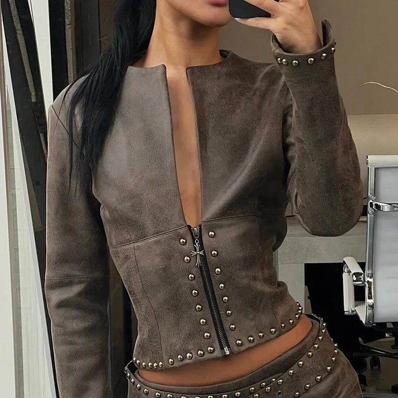 Jacket Skirt Set - Studded Trim - Cropped Zip-Up - Women | KIMLUD