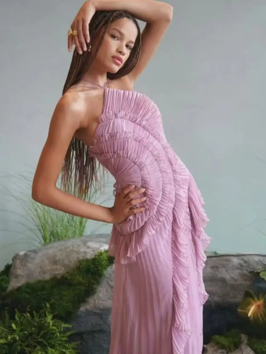 Chic Pleated Halter Long Dress Women High Quality Strapless Backless Ruffles Lotus Edge Maxi Dress 2025 Nw Lady Vacation Gowns