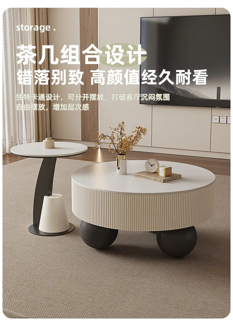 Minimalist Round Coffee Table With Storage Drawers — Ivory White | KIMLUD