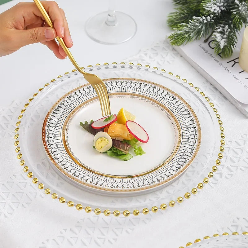 Ceramic Dinner Plates Golden Bead Trim — White | KIMLUD