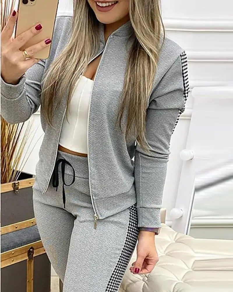 Wool-Blend Plaid Zippered Tracksuit Two-Piece Set With Drawstring Pants — Gray Plaid | KIMLUD
