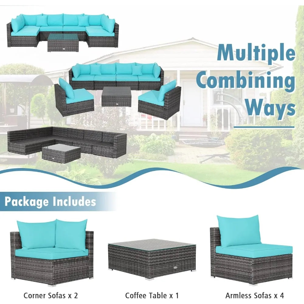 7 Pieces Patio Furniture Set, Patiojoy All-Weather Outdoor Rattan Sectional Sofa Set with Cushions and Tempered Glass Coffee Ta