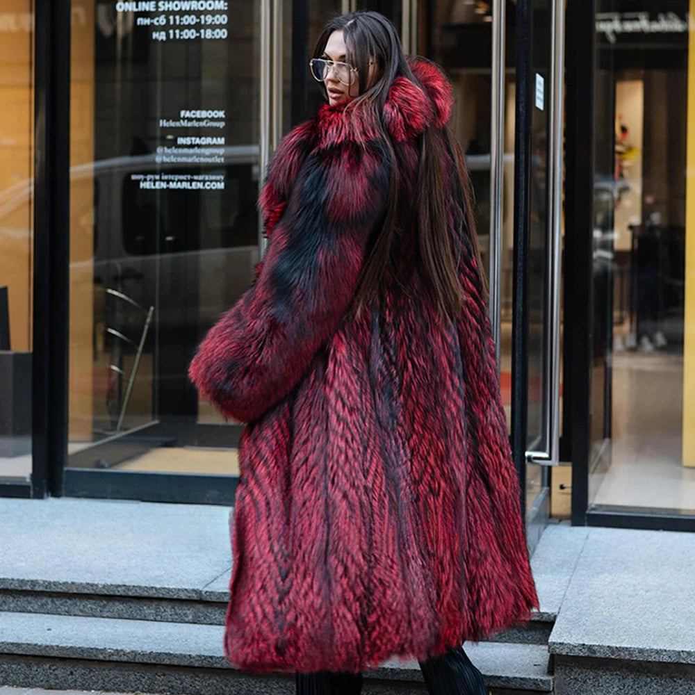 KIMLUD, 120cm Long Real Silver Fox Fur Coat with Big Turn-down Collar High Street Women Genuien Wholeskin Fox Fur Coats Outwear Woman, KIMLUD Womens Clothes