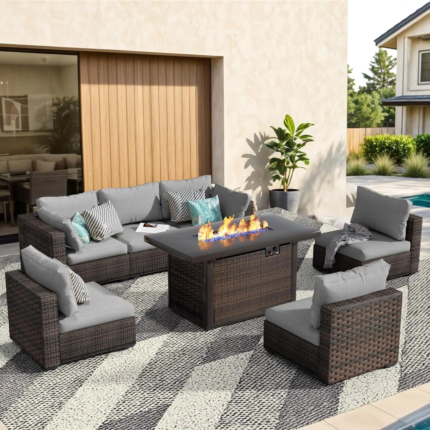 7 Pieces Outdoor Sectional Patio Furniture Set with Fire Pit Table PE Rattan Wicker Patio Sectional Conversation, Customized