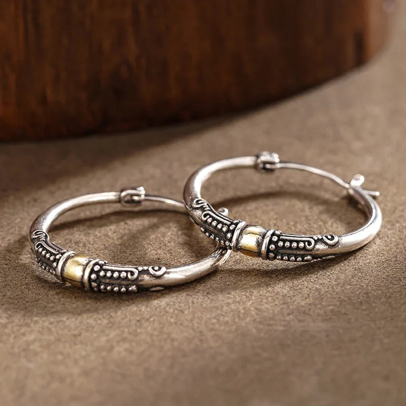 925 Sterling Silver Punk Vintage Two Tone Hoop Earrings for Women Bohemia Style Female Circle Earrings Flower Jewelry