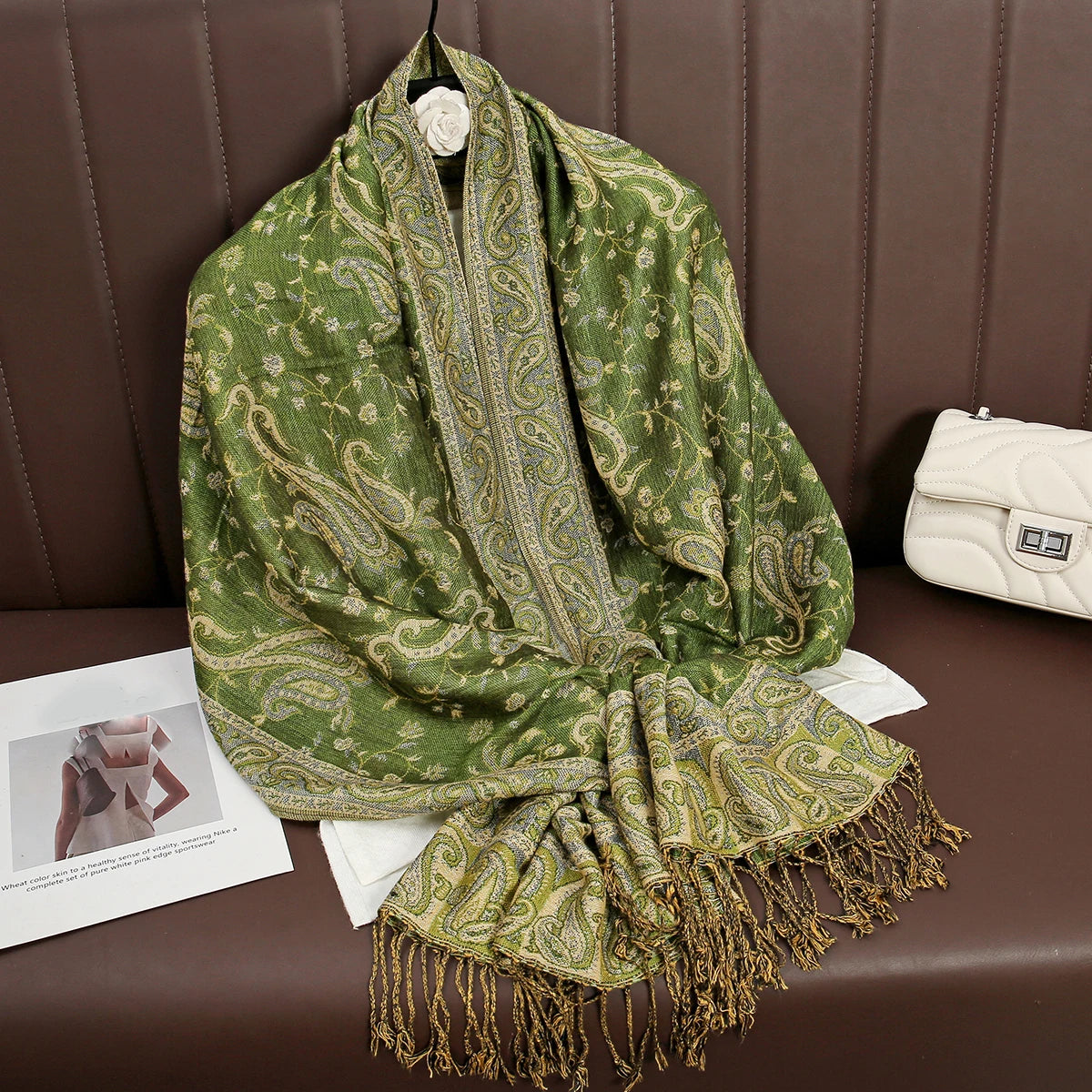 Cashmere Pashmina Shawl With Autumn Print Design, Olive Accents And Gold-Toned Fringe — Red | KIMLUD