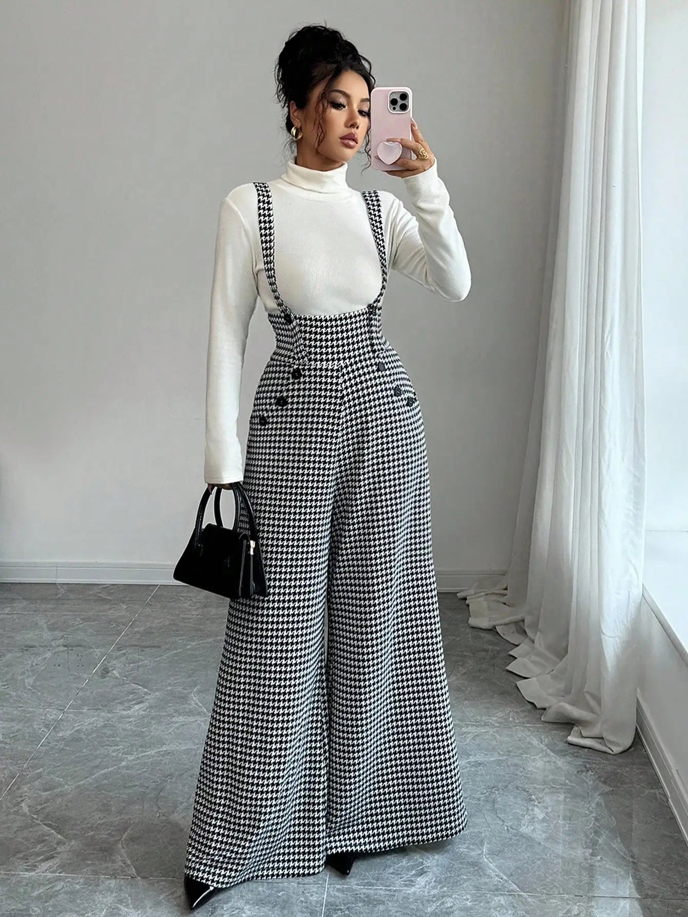 Wide-Leg Jumpsuit Vintage Suspender Silhouette — Black and White | KIMLUD