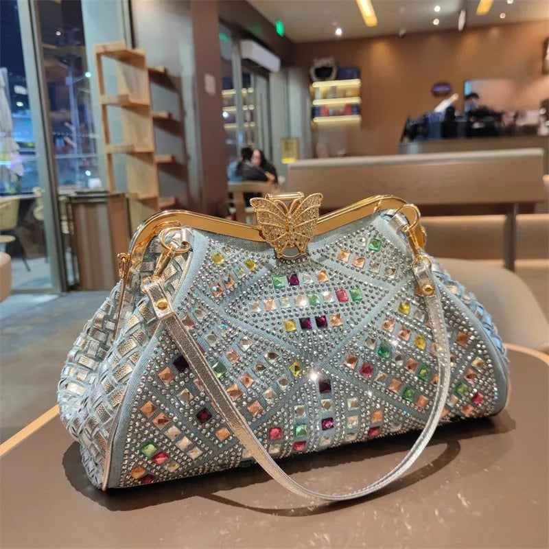 Spring and summer new metal frame color rhinestone butterfly crystal handbag banquet dress one-shoulder cross-body women's bag