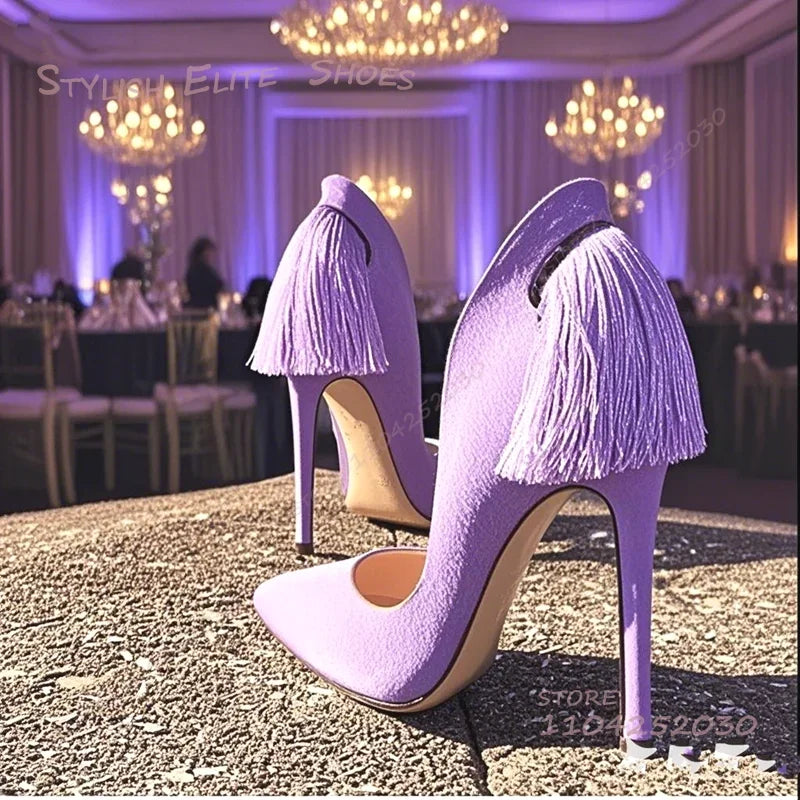 Purple Heel Tassel Suede Stiletto Feather Sandals Pointed Heels Women Hollow Pump Red Light Yellow Dance Fuchsia Cute Party Shoe