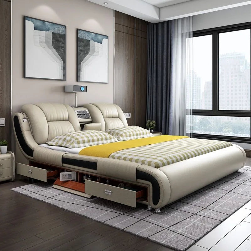 Genuine Leather Upholstered King Size Bed With Massage — Custom Color | KIMLUD