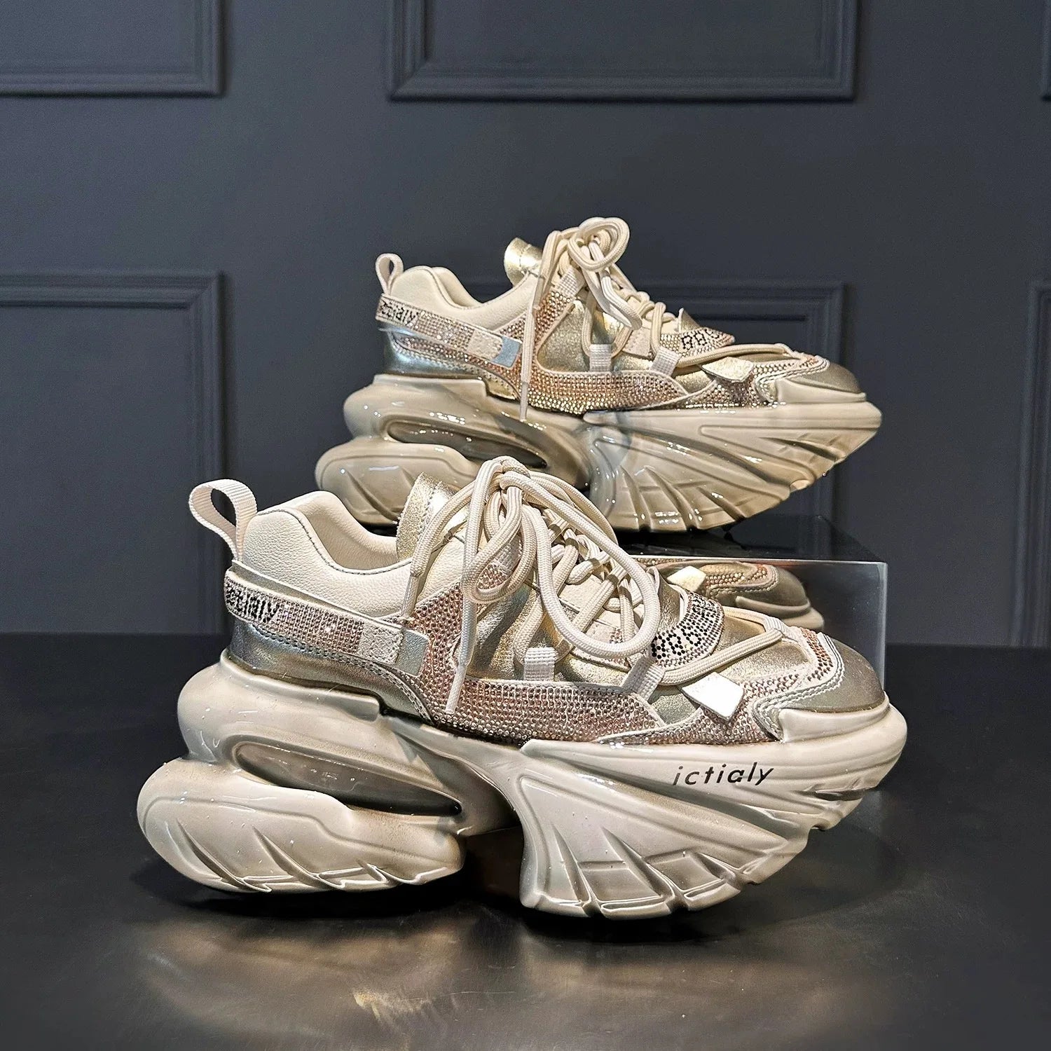 Real Leather Heels Crystal Platform — Soft Pink | KIMLUD