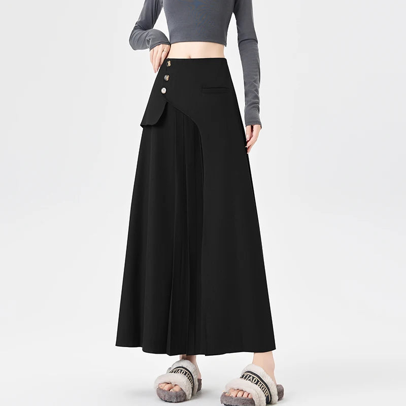 Grey Suiting Midi Skirts for Women High-Waisted A-Line Flare Skirt Perfect Hip-Camouflage Office Skirt for Autumn