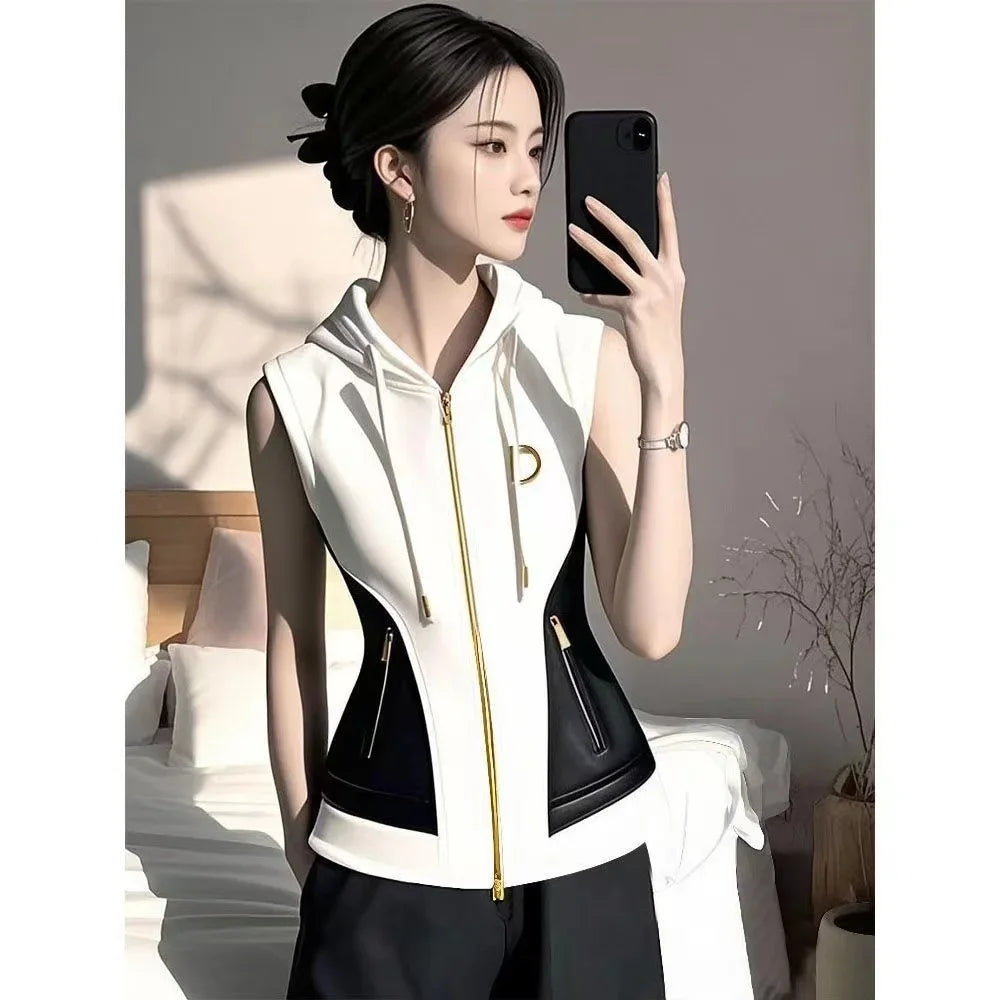 New Spring French Elegant High End Hooded Vest Coat Women Contrast Color Zipper Slim Jacket Temperament Ladies Causal Outwear