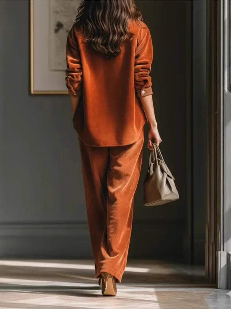Corduroy Two-Piece Set With Wide-Leg Pants — Burnt Orange | KIMLUD