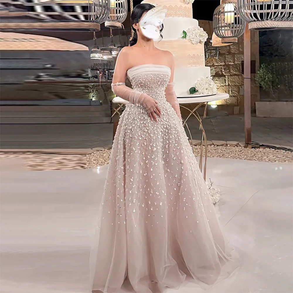Arabic Beige Sexy A Line Beaded Elegant Long Evening Dresses Gowns For Women Wedding Party With Gloves 2023 BLA72009 Serene Hill - KIMLUD