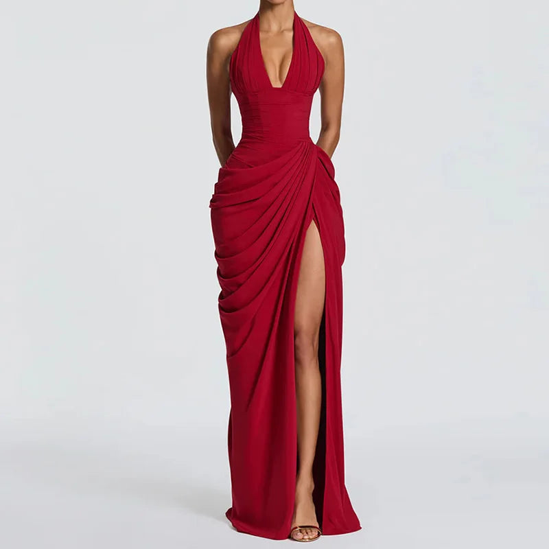 Patchwork Maxi Dress – Halter Backless – Polyester | KIMLUD