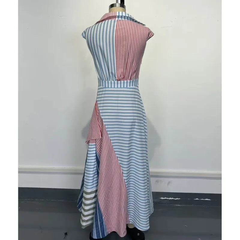 Personality Contrast Color Stitching Striped Dress Women's Summer Fashion Irregular Waist V-neck Sleeveless Commuting Dresses