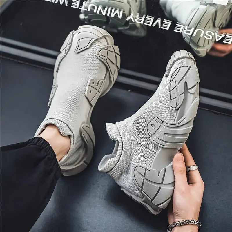 Breathable Air Mesh Sneakers Casual Slip-On With Tonal Gray Overlays — Black | KIMLUD