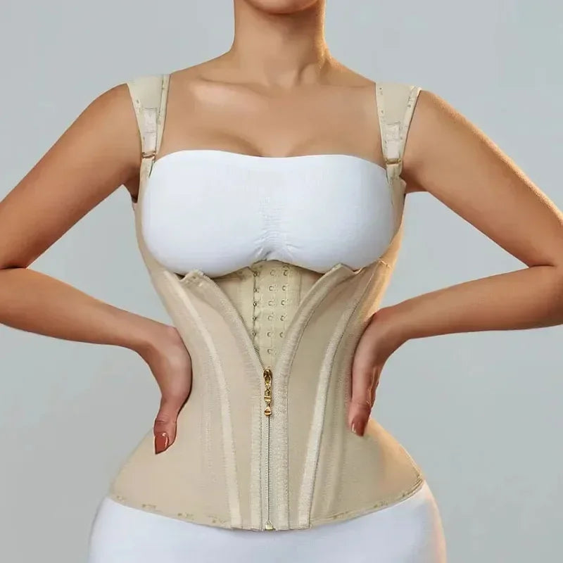 Colombian Fajas Double-Compression Body Shaper Vest Corset With Zipper And Hook-Eyes — Black | KIMLUD