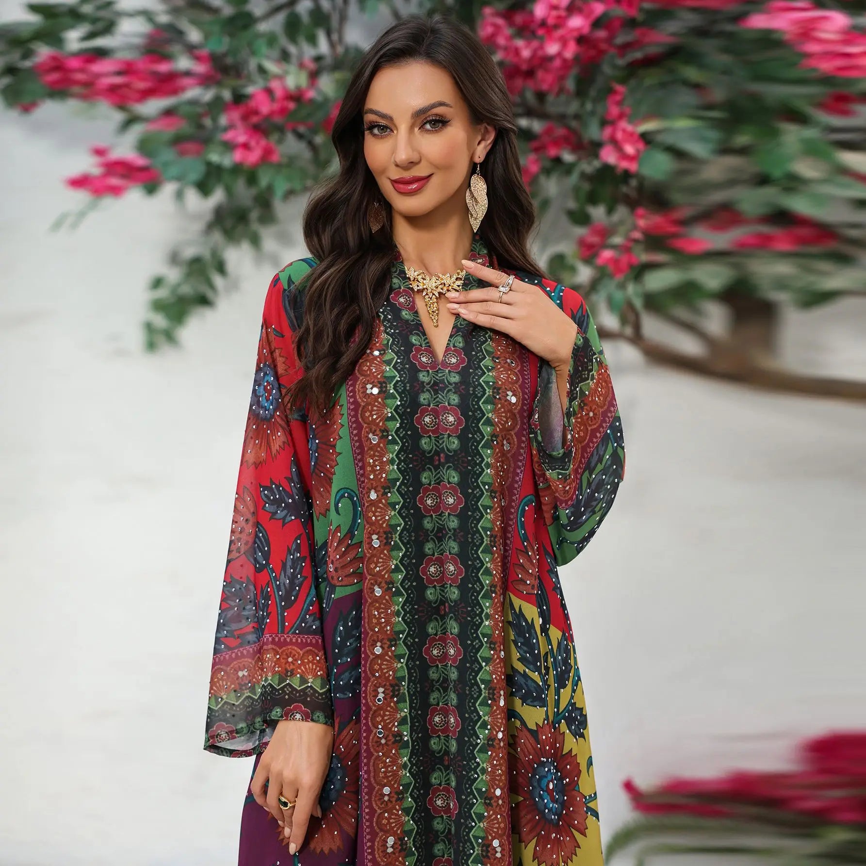 Polyester Abaya Dress Diamond Print — Multicolor | KIMLUD