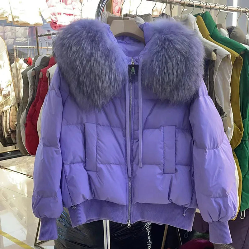 2023 Detachable Winter Jacket Women Real Natural Big Raccoon Fur Collar Thick Warm Duck Down Loose Oversize Outerwear Streetwear