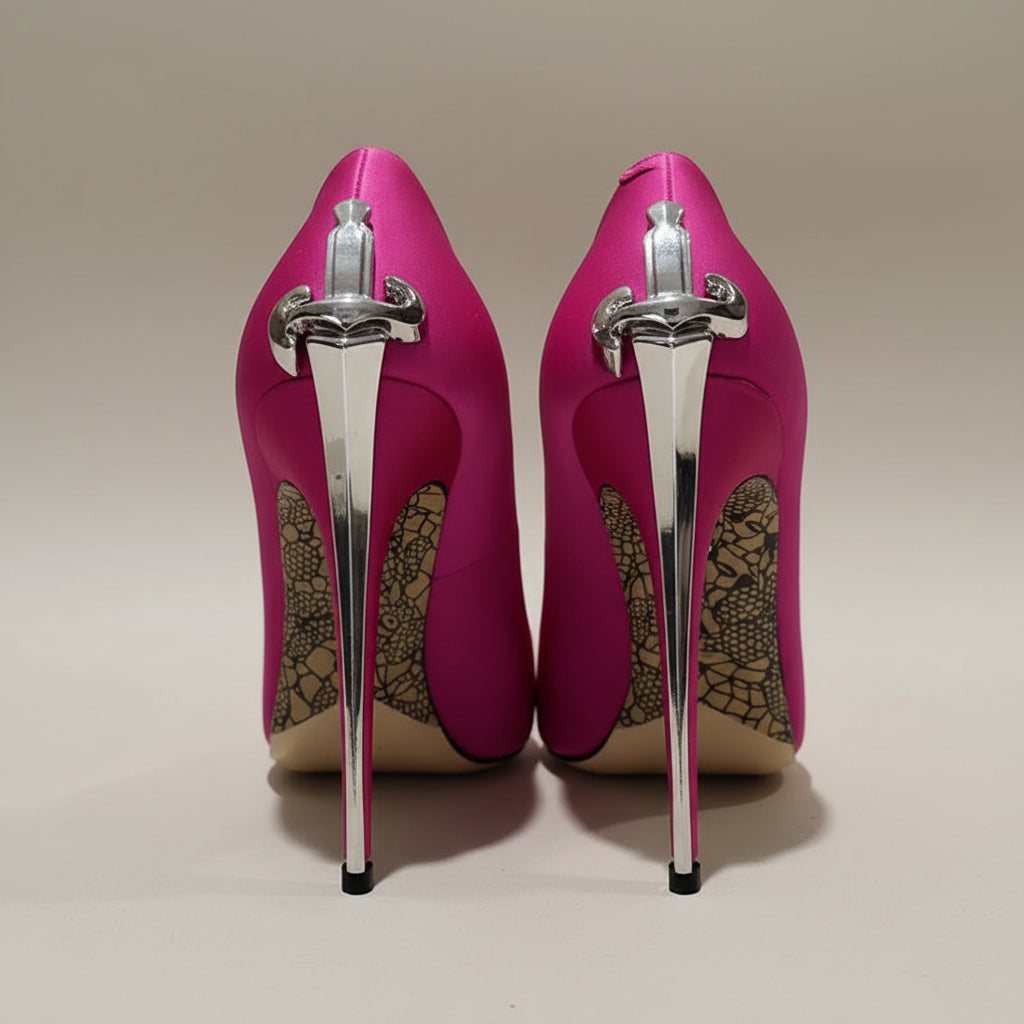 Leather Pumps With Metal High Heels Metal-Embellished Shaft Sculpted Pointed Toe — Gold | KIMLUD