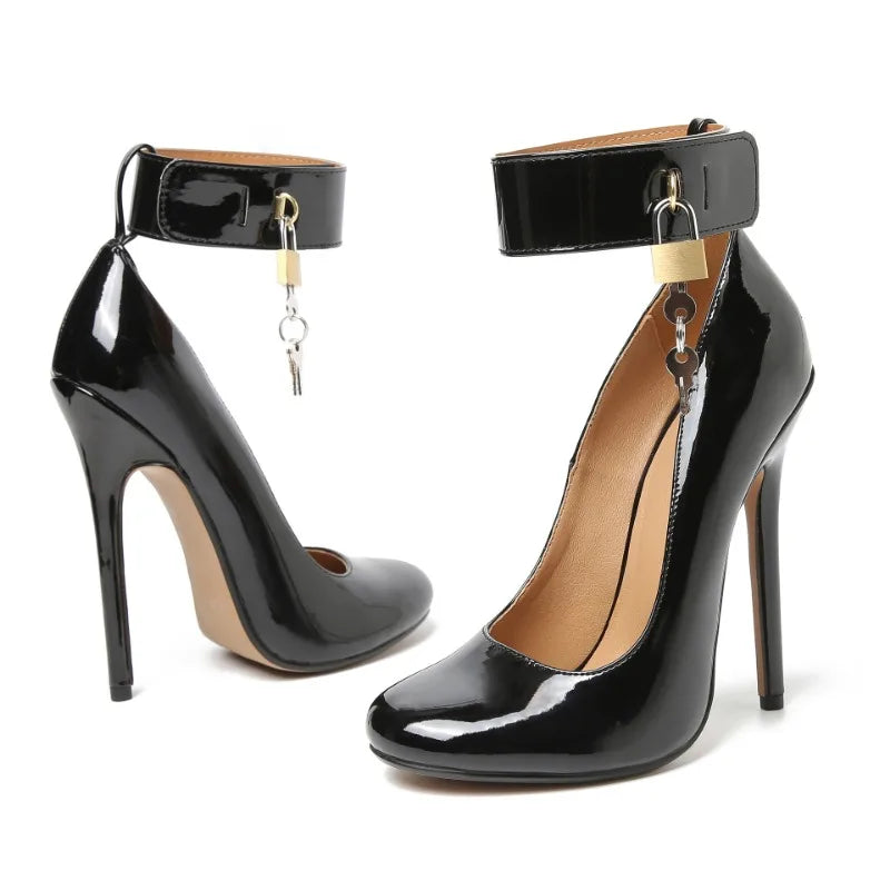 Designer New Women Pumps Belt Buckle Pointed Toe Patent Leather 15CM Thin Heels With Lock Fashion High Heels Women Shoes Black