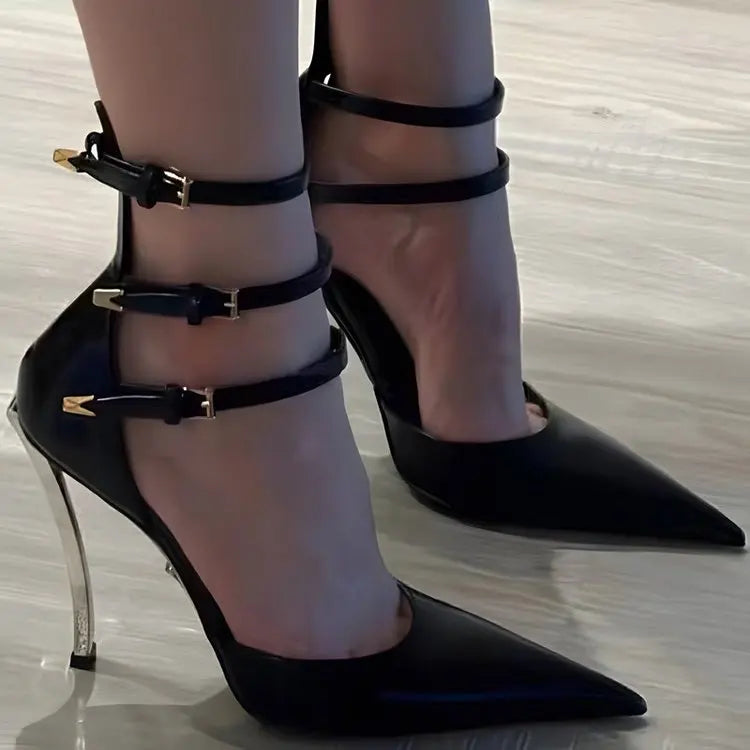 Microfiber Heeled Sandals Lace Up Pointed Toe — Black | KIMLUD