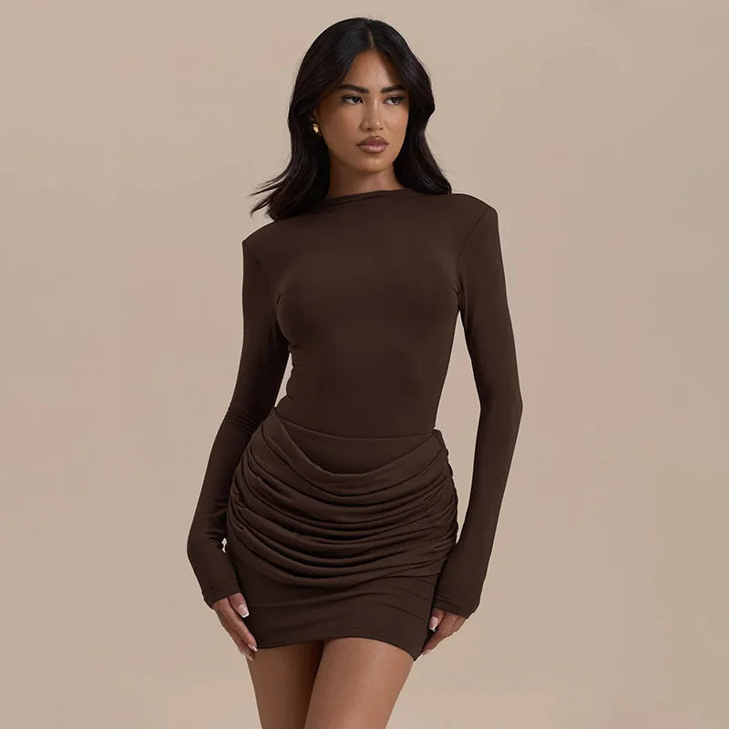 Polyester Pleated Stretch Long Sleeve Dress Gathered Hip Silhouette — Jet Black | KIMLUD