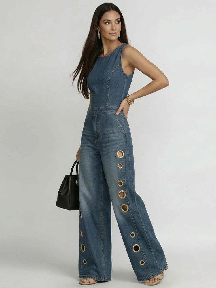 Denim Jumpsuit Eyelet Wide-Leg Pockets — Denim Blue | KIMLUD