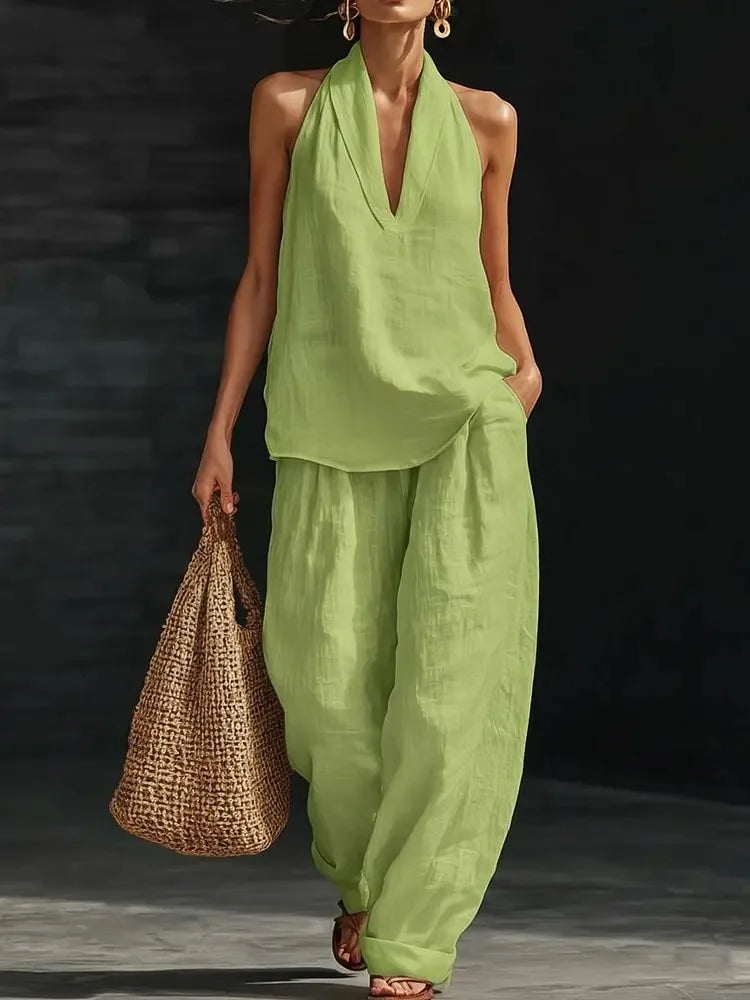 Two Piece Set – Sleeveless V Neck Top and Wide Leg Pants – Broadcloth | KIMLUD