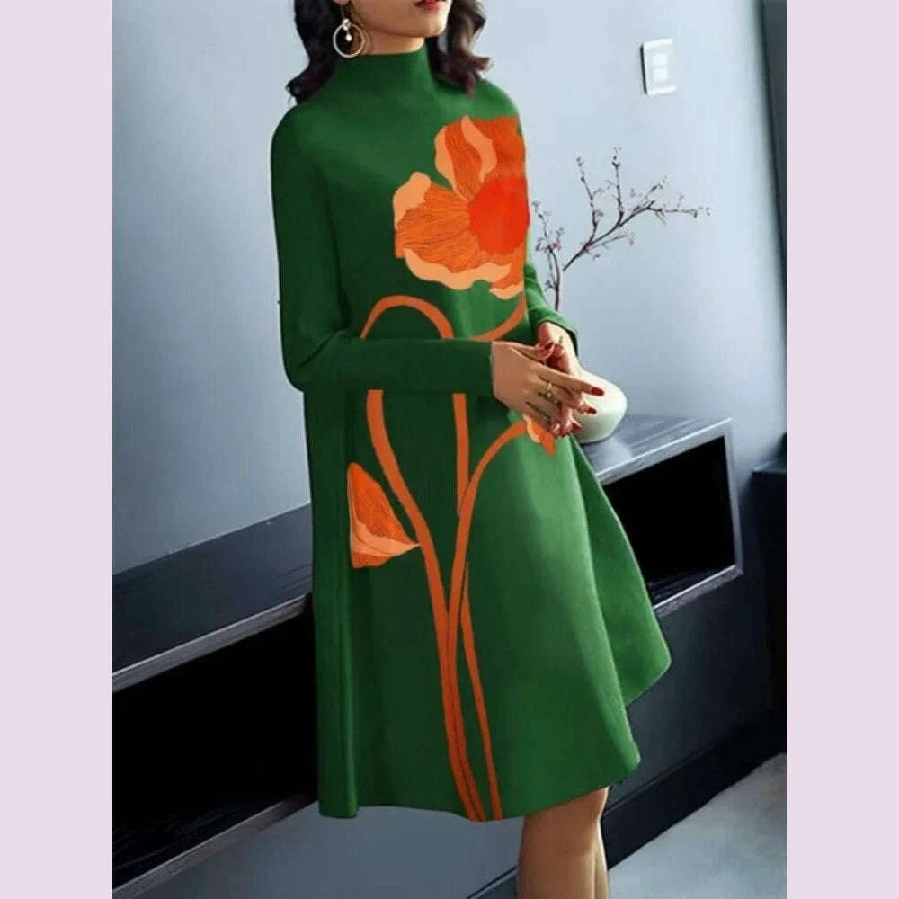 gymystars-flower-print-midi-dresses-urban-long-sleeves-dress-for-women-casual-loose-a-line-zipper-high-neck-green-party-dresses-kimlud-kimlud-33920984