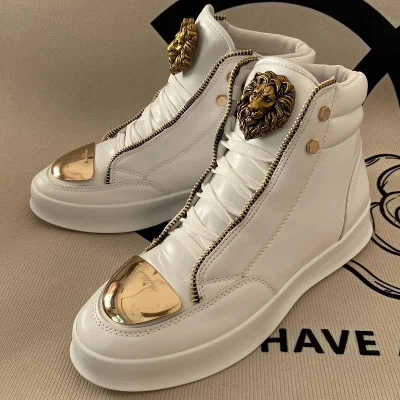 Artificial Leather High-Top Sneakers With Zip Decoration — Black | KIMLUD