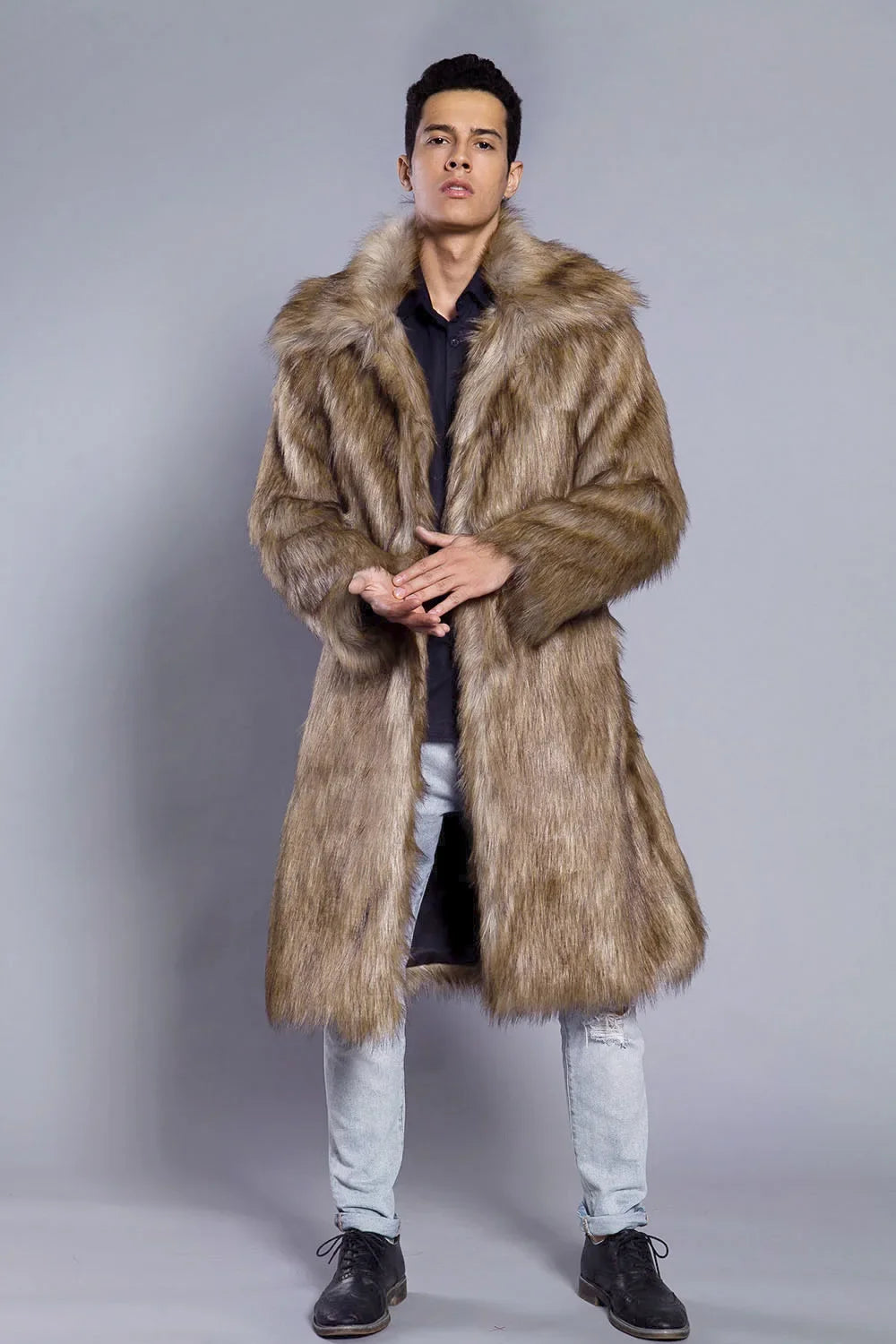 Men's Faux Fur Coat - Long Coat - Faux Fur | KIMLUD