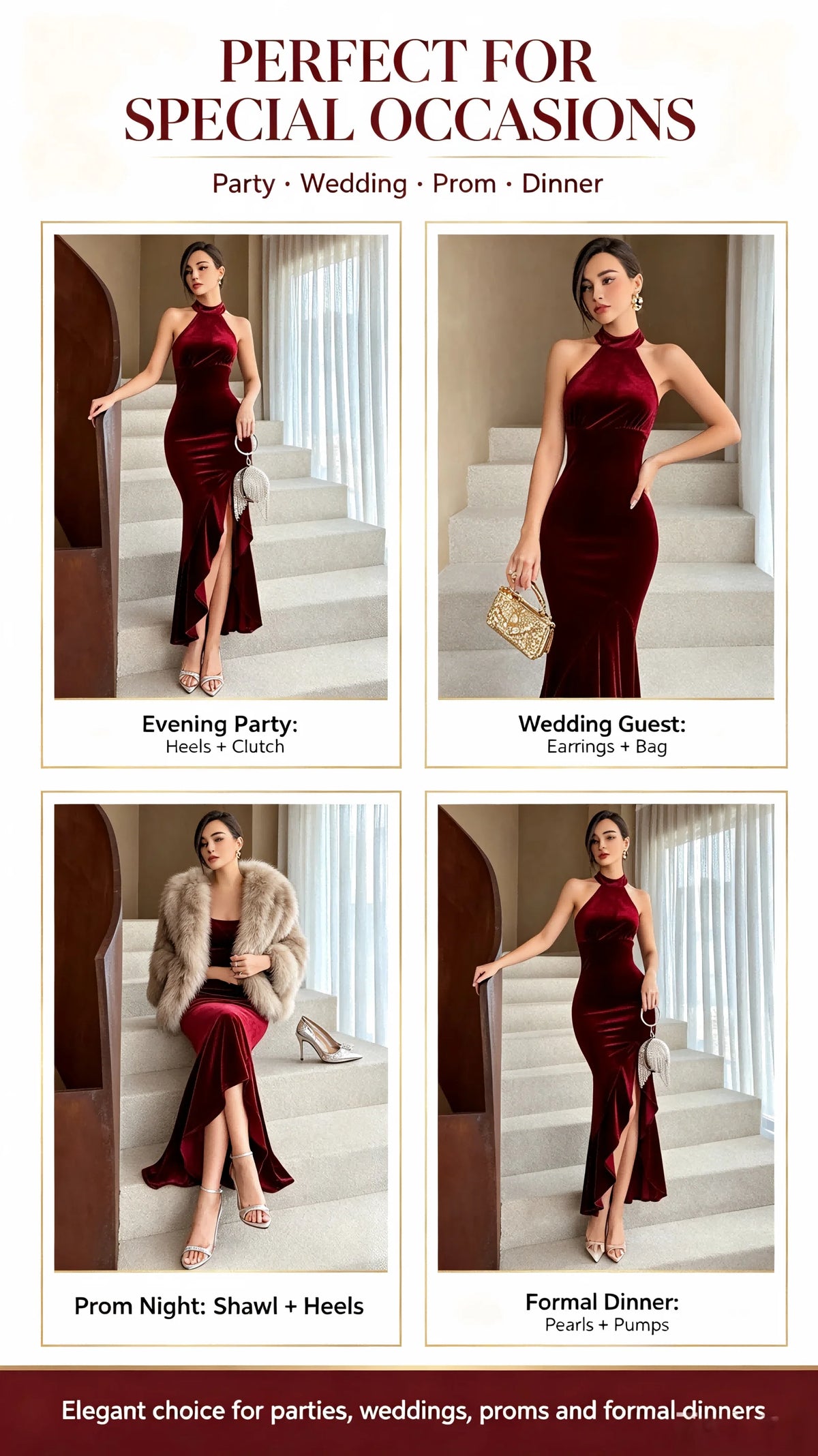 Mermaid Gown – Halter Neck – Polyester – Burgundy | KIMLUD