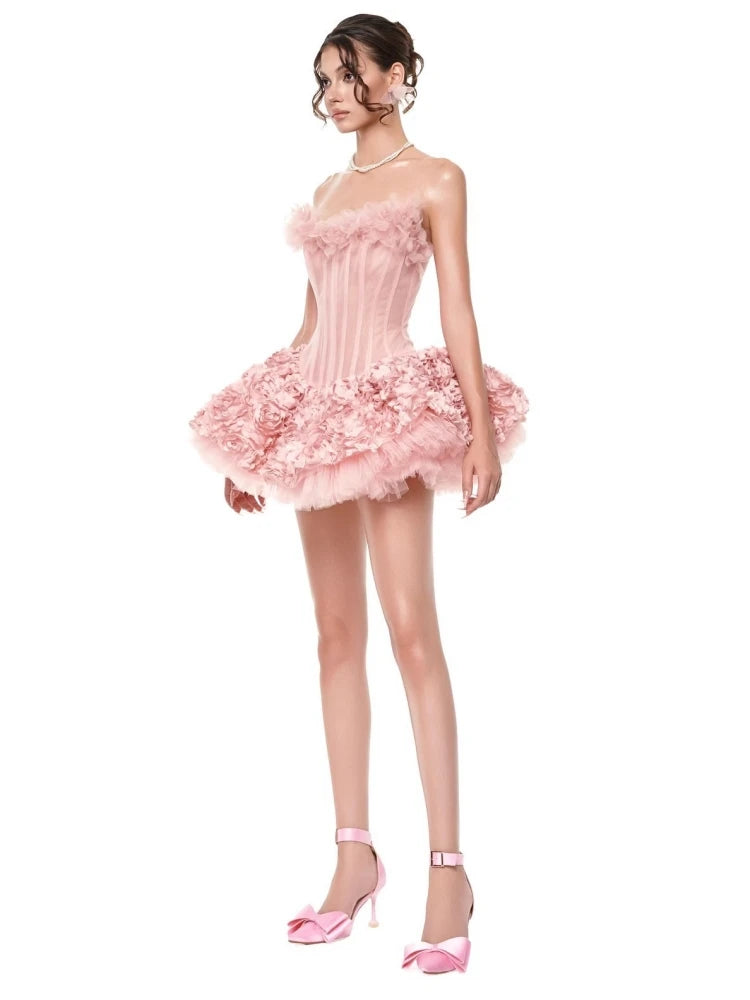 Strapless Floral Lace Mini Dress - Backless - Polyester - Red | KIMLUD